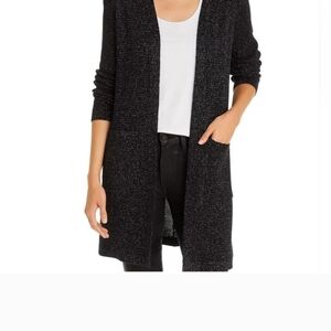 Eileen Fisher Black Extra Fine Merino Wool Metallic Blend Open-Front Cardigan SP